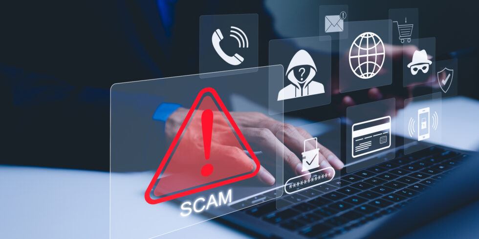 Scam Alert Warning with Cybersecurity Icons. A person using laptop, warning sign for scams with icons representing online threats, phishing, and cybersecurity. Unknown person, suspicious scammer,